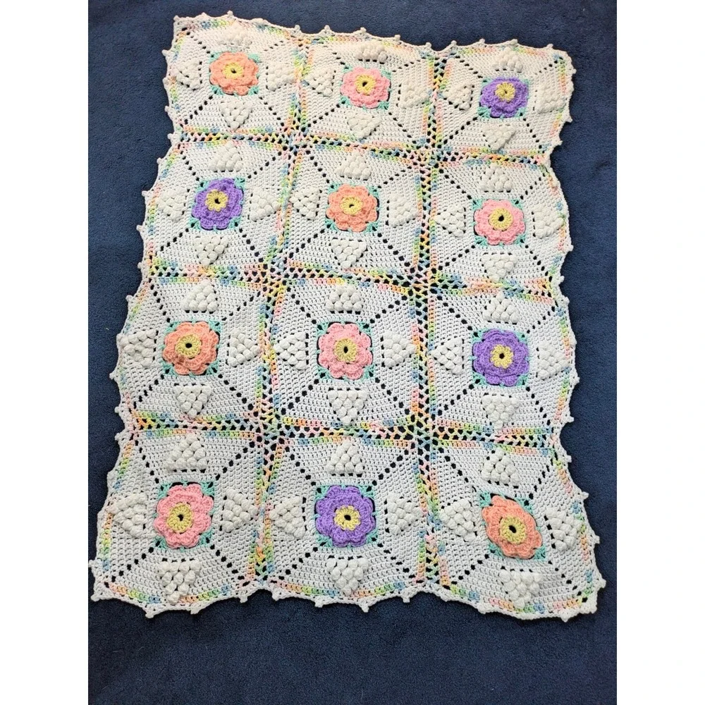 Vintage Crocheted Baby Afghan Crib Blanket Throw‎ Floral Pastel 50x38 Handmade